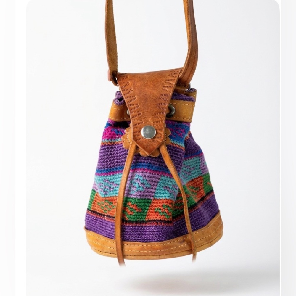 Vintage Guatemalan Mini Bucket Bag Woven Tapestry Aztec Leather Crossbody Boho
